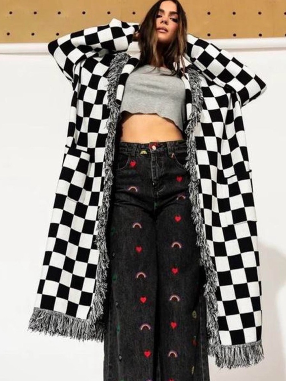 Dressed In Lala Luxe Fringe Blanket Cardigan in Black&White Check. 2X/3X.